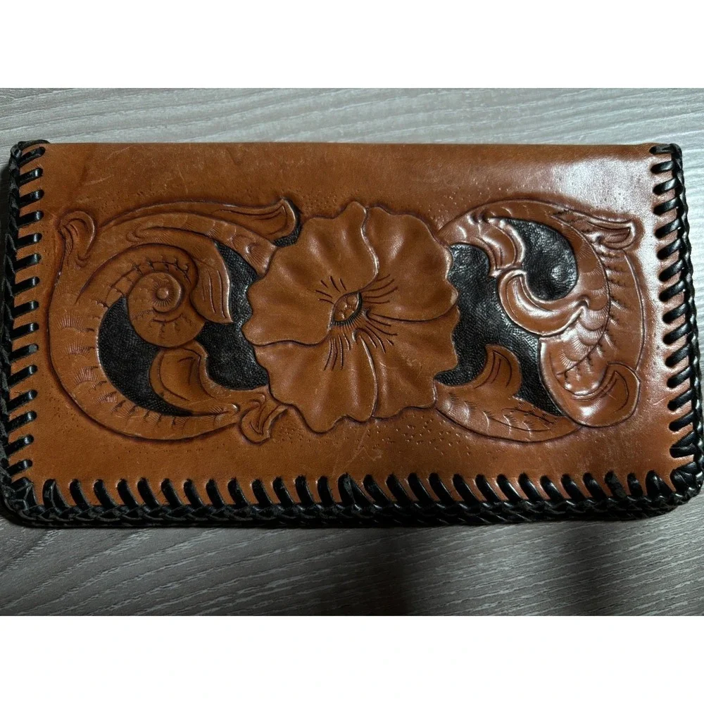 Vintage Hand Tooled Leather Checkbook Cover Western Floral Whipstitch Tan Black